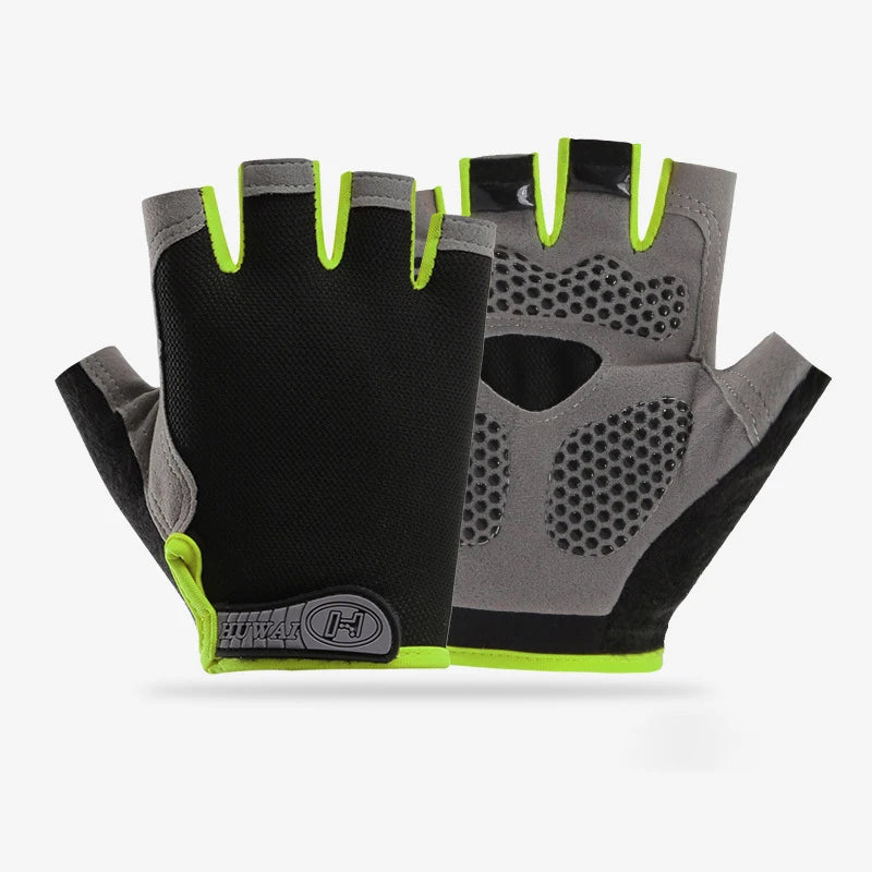 Fingerless cycling gloves in black and grey with neon yellow trim and honeycomb-patterned palm grips.