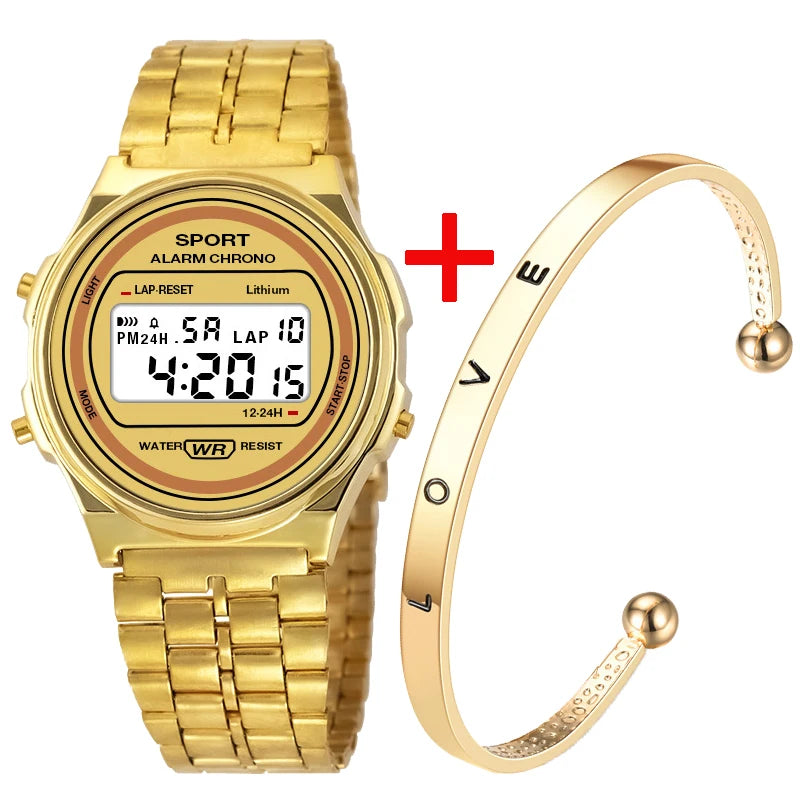 Gold-tone retro digital watch with link strap and matching 'LOVE' bangle bracelet.