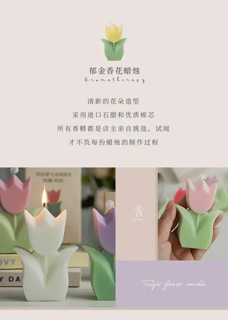 Decorative pastel tulip-shaped aromatherapy candles in white, pink, and purple with green leaves.