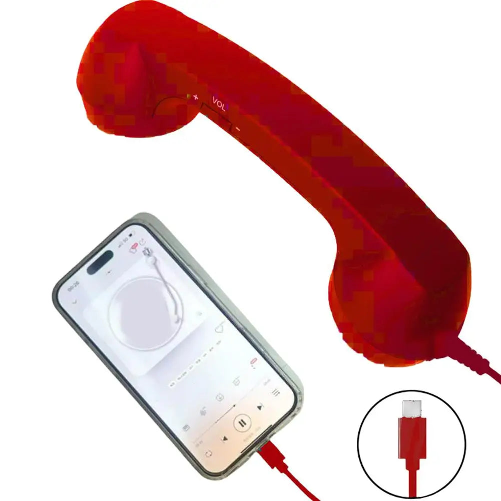 Retro red telephone handset for mobile phones with volume control, connected to a smartphone via USB-C cable.