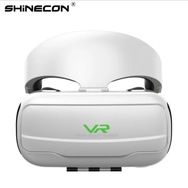White Shinecon VR headset with a rounded front, green "VR" logo, and attached headband.