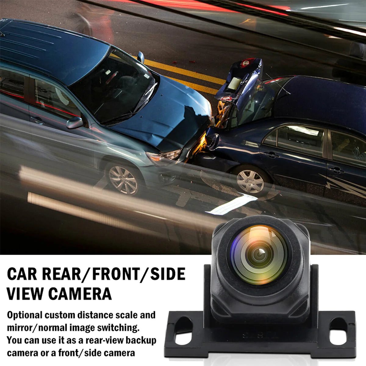 Small, black, wide-angle 1080P HD vehicle camera with mounting bracket, shown with a car accident display overlay.