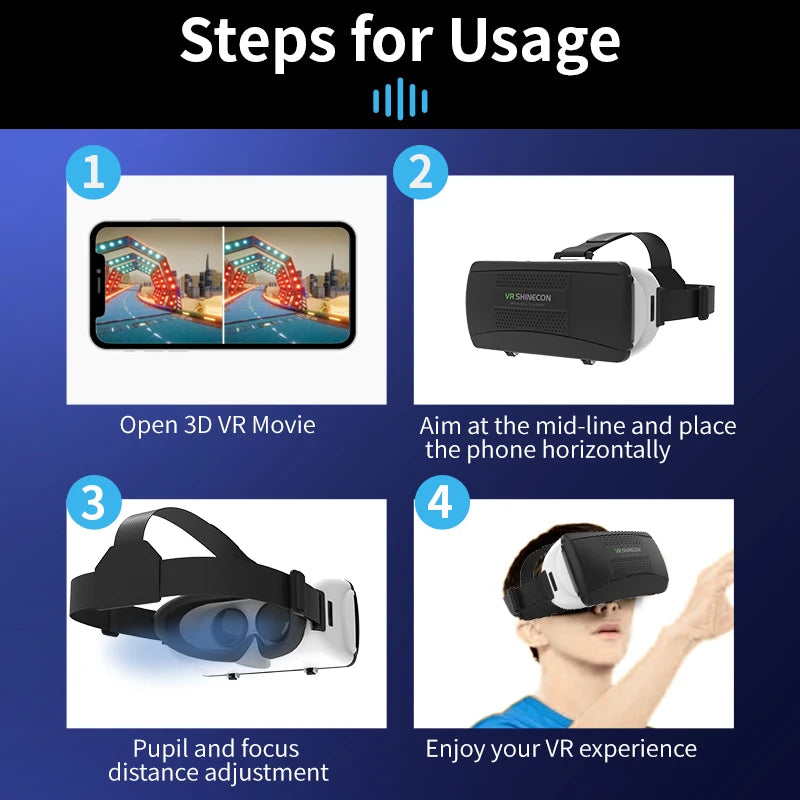 Black and white VR headset with adjustable head straps, shown in a 4-step usage guide for mobile smartphones.