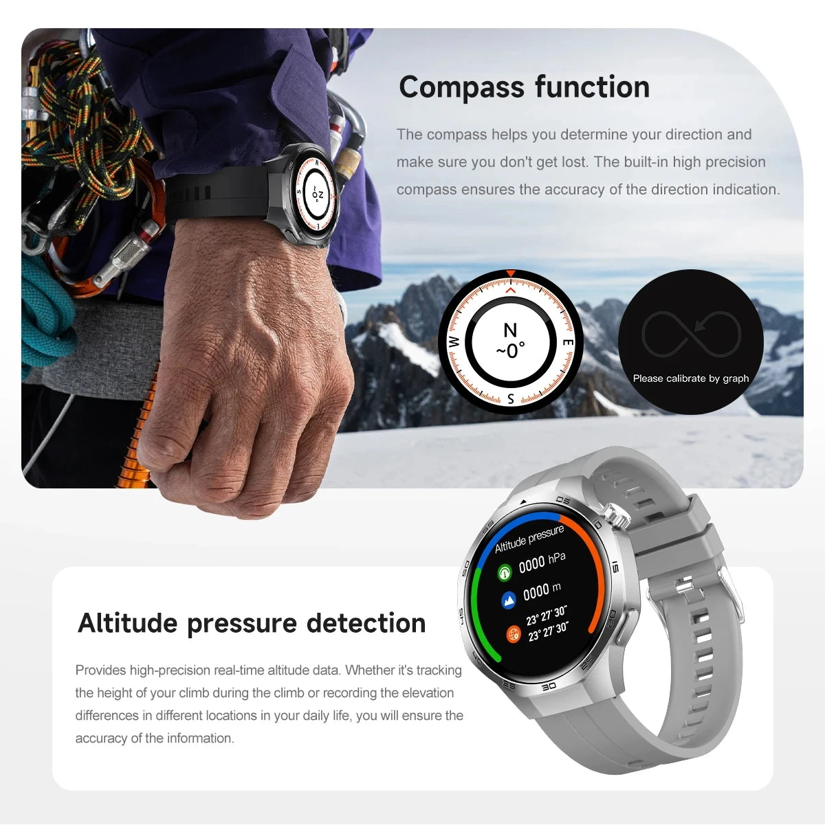 Rugged grey smartwatch featuring a compass and altitude pressure tracking, shown being worn in a mountain environment.