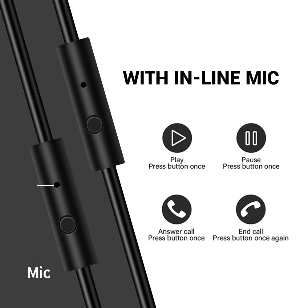 Black cable with in-line microphone and multi-function control button for play, pause, and call management.