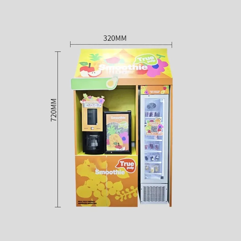 Yellow automatic commercial slush and smoothie vending machine with fruit graphics and attached refrigeration unit.
