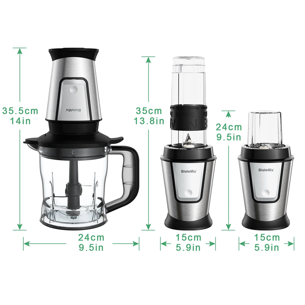 Set of silver and black kitchen blender and processor appliances with clear containers and measurement dimensions.