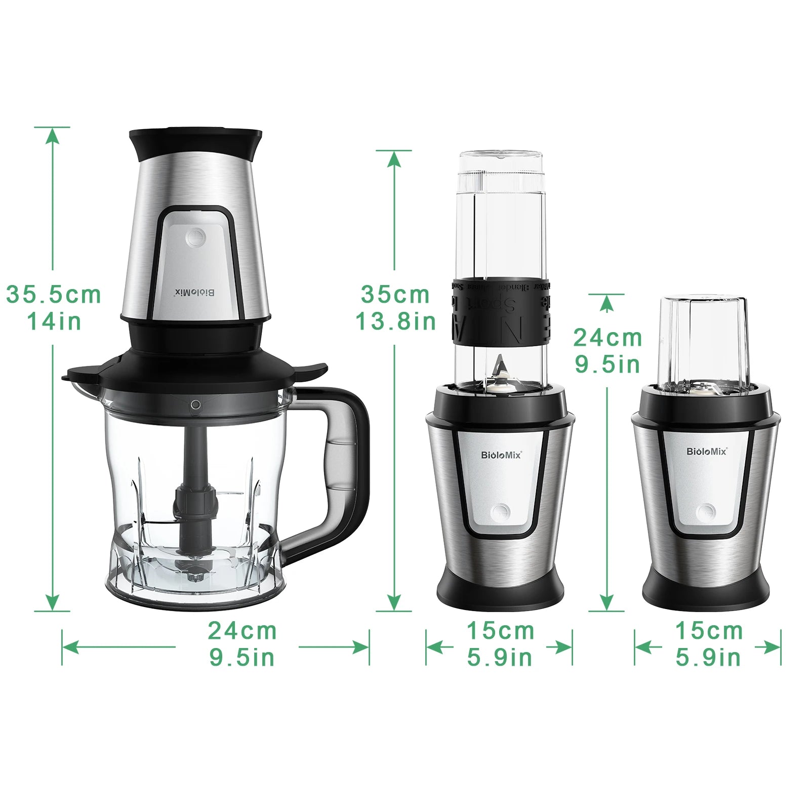 Set of silver and black kitchen blender and processor appliances with clear containers and measurement dimensions.