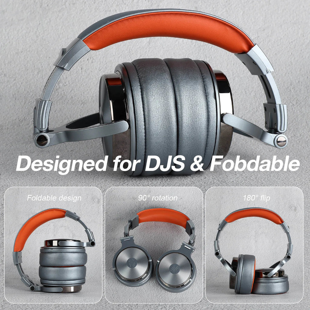 Grey and orange over-ear studio headphones. Features a foldable, rotatable design with cushioned ear pads and headband.