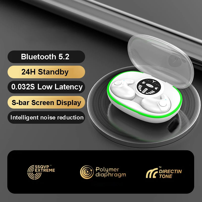 White wireless earbuds in a charging case with a green trim and central digital display screen.