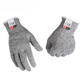 Gray speckled HPPE cut-resistant safety gloves with white cuffs, shown flat and fisted.