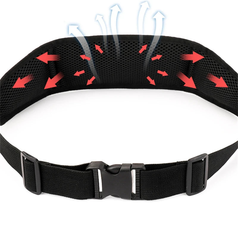 Black breathable mesh back support belt with an adjustable quick-release buckle, showing airflow indicators.