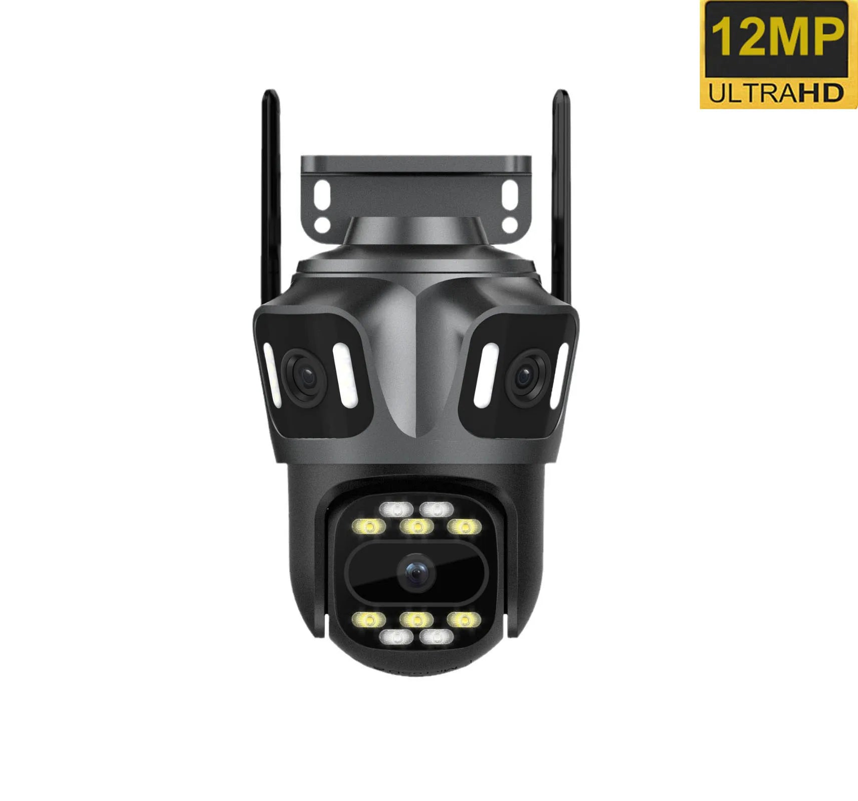 Dark grey outdoor WiFi security camera with four lenses, two antennas, and integrated LED floodlights.