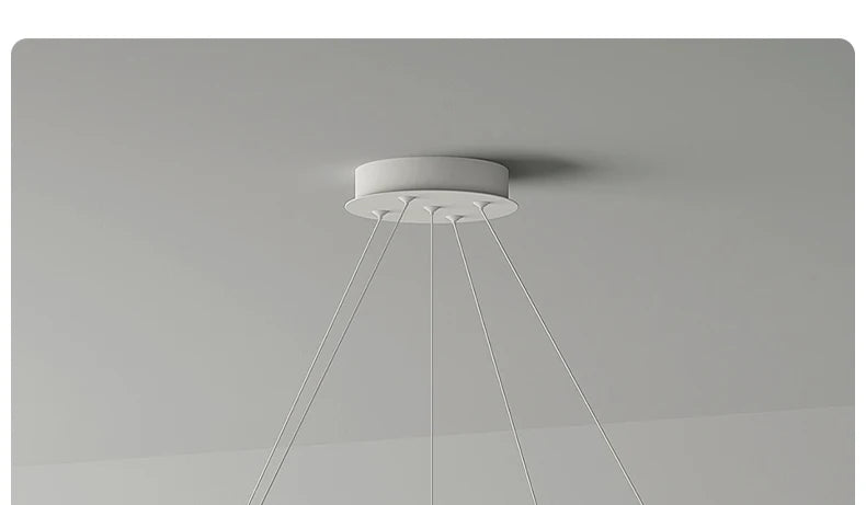 Minimalist white ceiling rose with multiple thin suspension cables for a modern pendant light fitting.