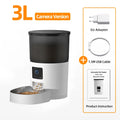 3L white automatic pet feeder with camera, clear food hopper, metal bowl, power adapter, USB cable, and manual.