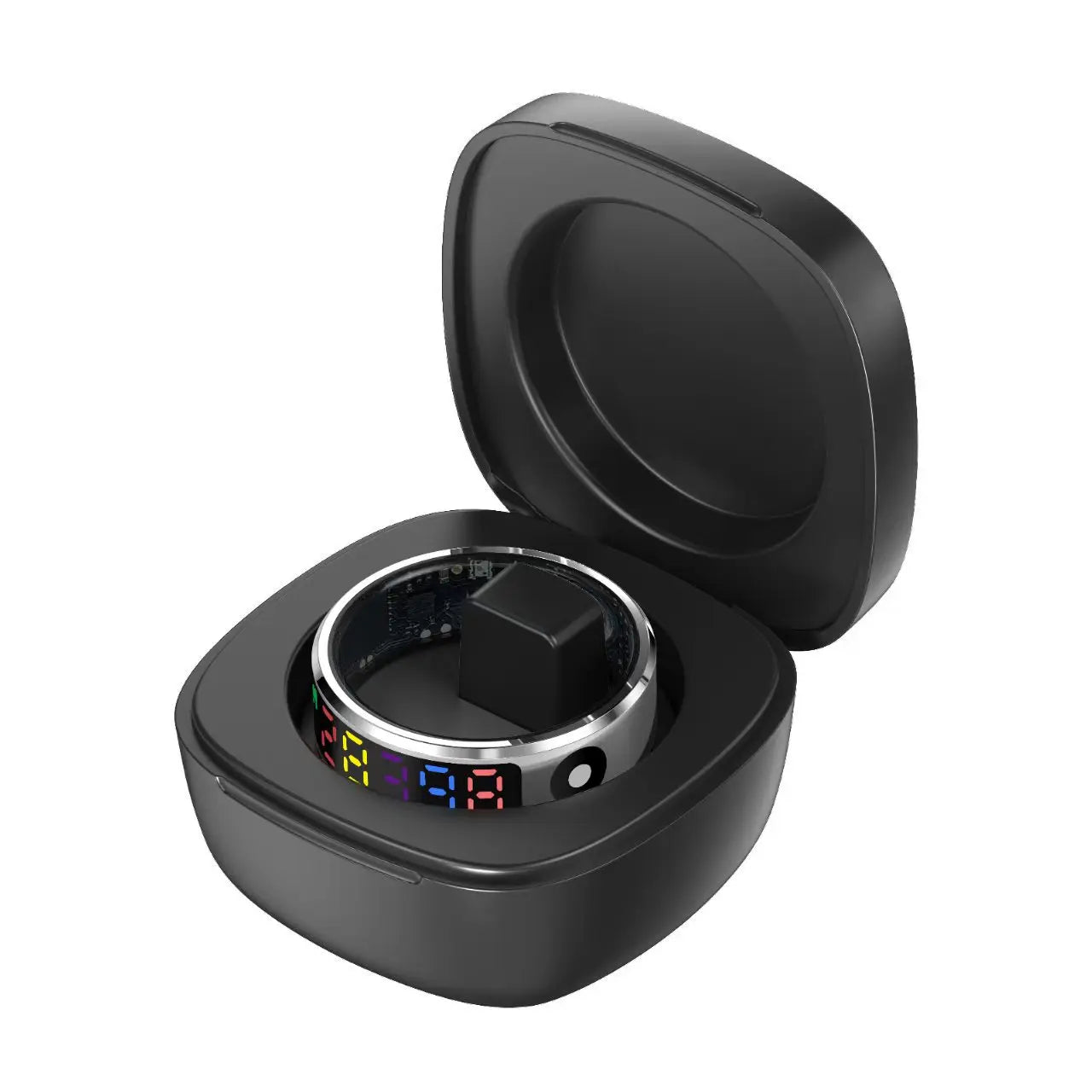 A silver smart health ring with a colourful digital display, resting inside its open black charging case.