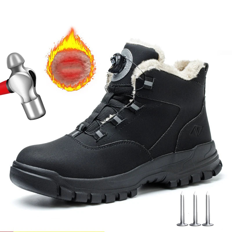Black safety work boot with rotating lace-up dial, white faux fur lining, thick sole, anti-smash and anti-puncture features.