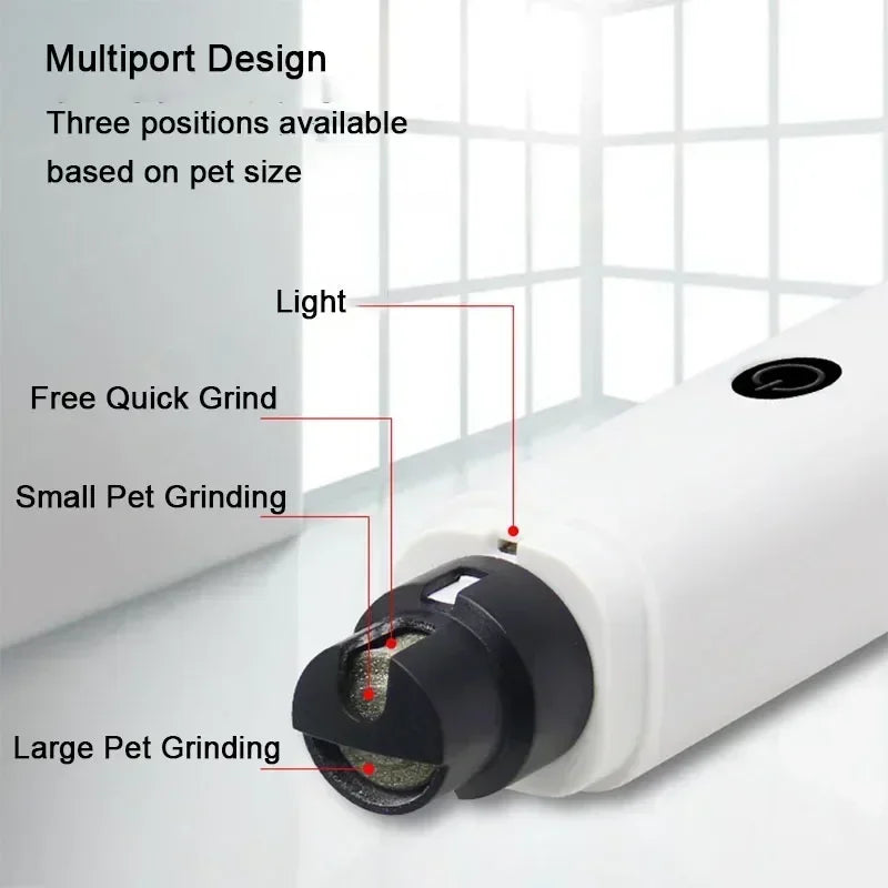 White electric pet nail grinder with a black head featuring three ports for small to large pets and built-in light.