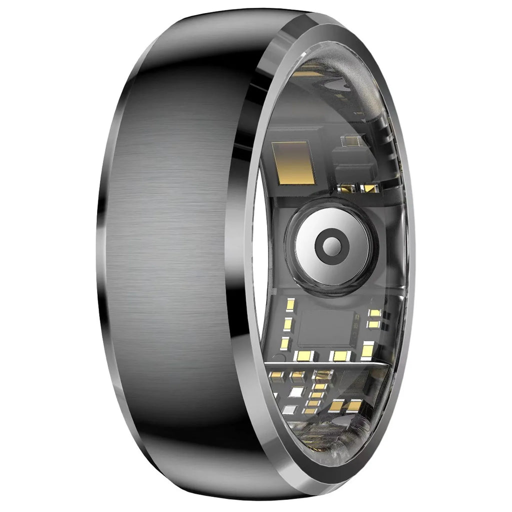 A sleek, brushed gunmetal smart fitness ring, showing internal health sensors and electronic components on the inner band.
