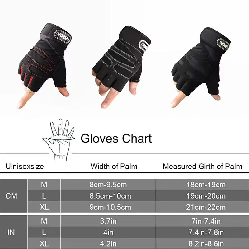 Three pairs of fingerless black gym gloves with wrist wraps and a size guide chart showing palm measurements.