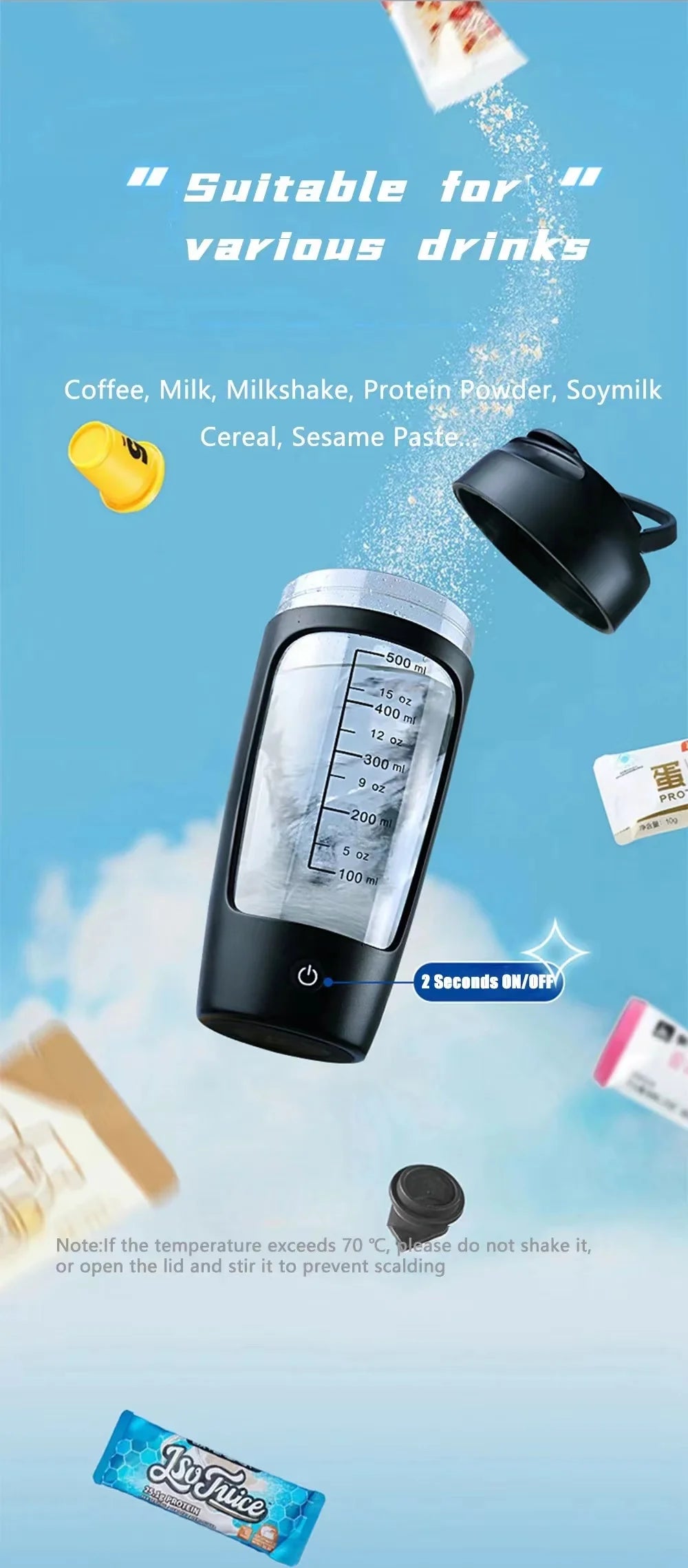 Black electric portable protein shaker bottle with measuring scale, shown on a light blue background.