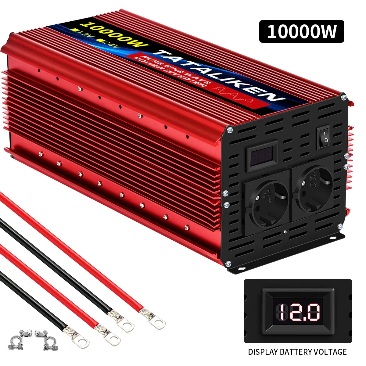 Red metal pure sine wave power inverter with dual AC sockets, digital voltage display, and included battery cables.