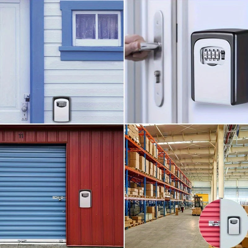 Wall-mounted black and silver metal key lock box with a four-digit combination dial, shown mounted on various doors.