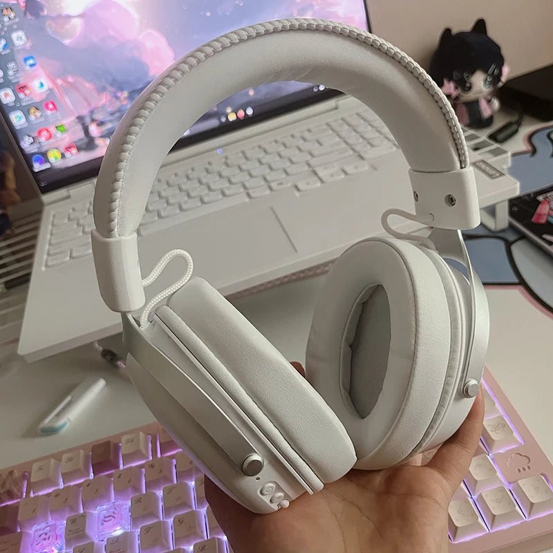 Stylish, white over-ear gaming headset featuring plush, padded ear cups and a comfortable headband.