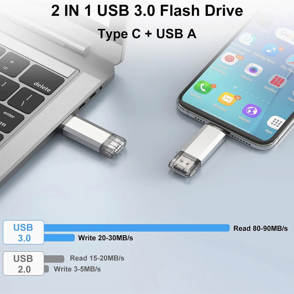 Silver 2-in-1 USB 3.0 flash drive with Type-C and USB-A connectors, shown plugged into a laptop and smartphone.