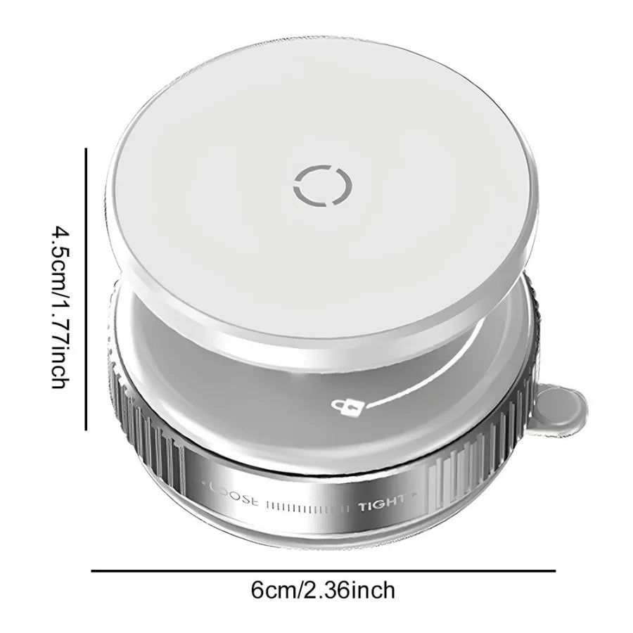 Circular white and silver bicycle bell with a sleek design, featuring a rotating adjustment dial and lock icon.