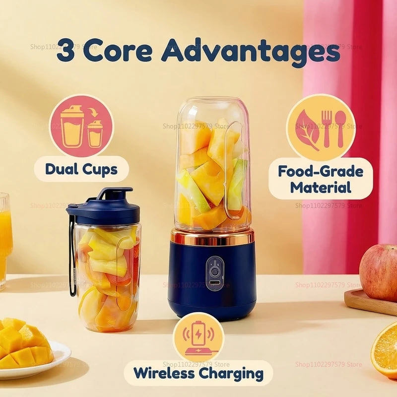 Portable navy blue blender with gold rim, transparent cups, and wireless charging, surrounded by fruit.