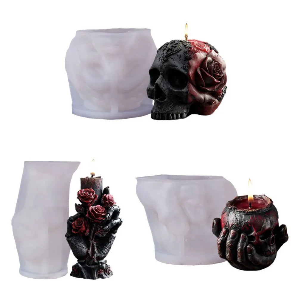 Translucent silicone molds with Gothic candles: black-red skull with rose, skeletal hand holding roses, and skull bowl.
