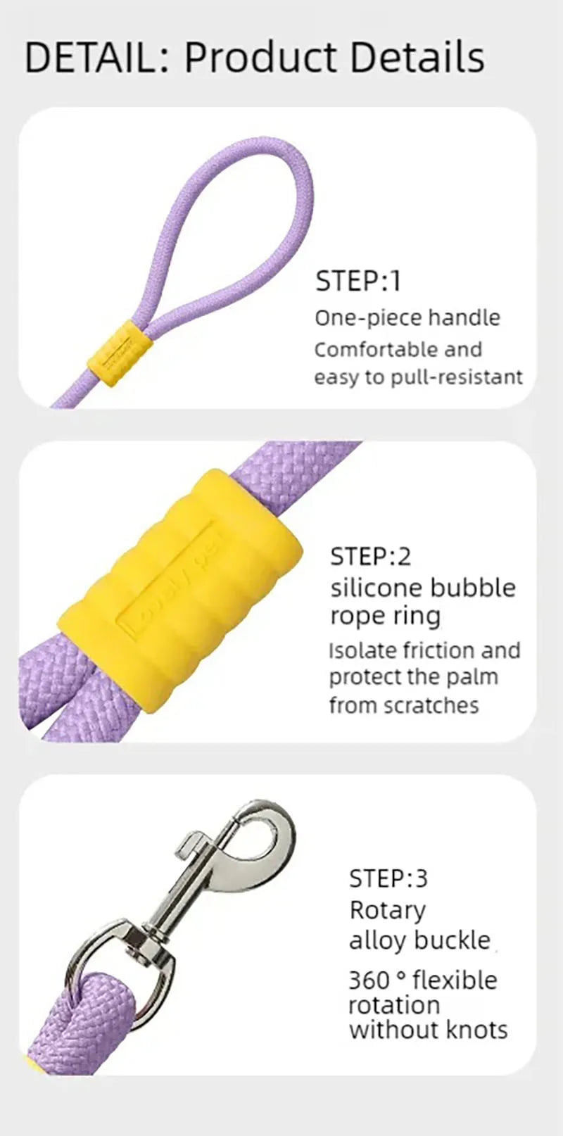 Purple rope dog lead featuring a comfortable yellow silicone handle grip and a 360-degree rotating metal clasp.