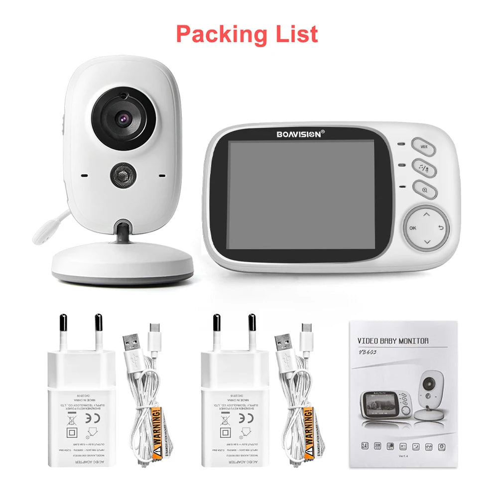 Baby monitor packing list showing camera, monitor, two power adapters with cables, and user manual.