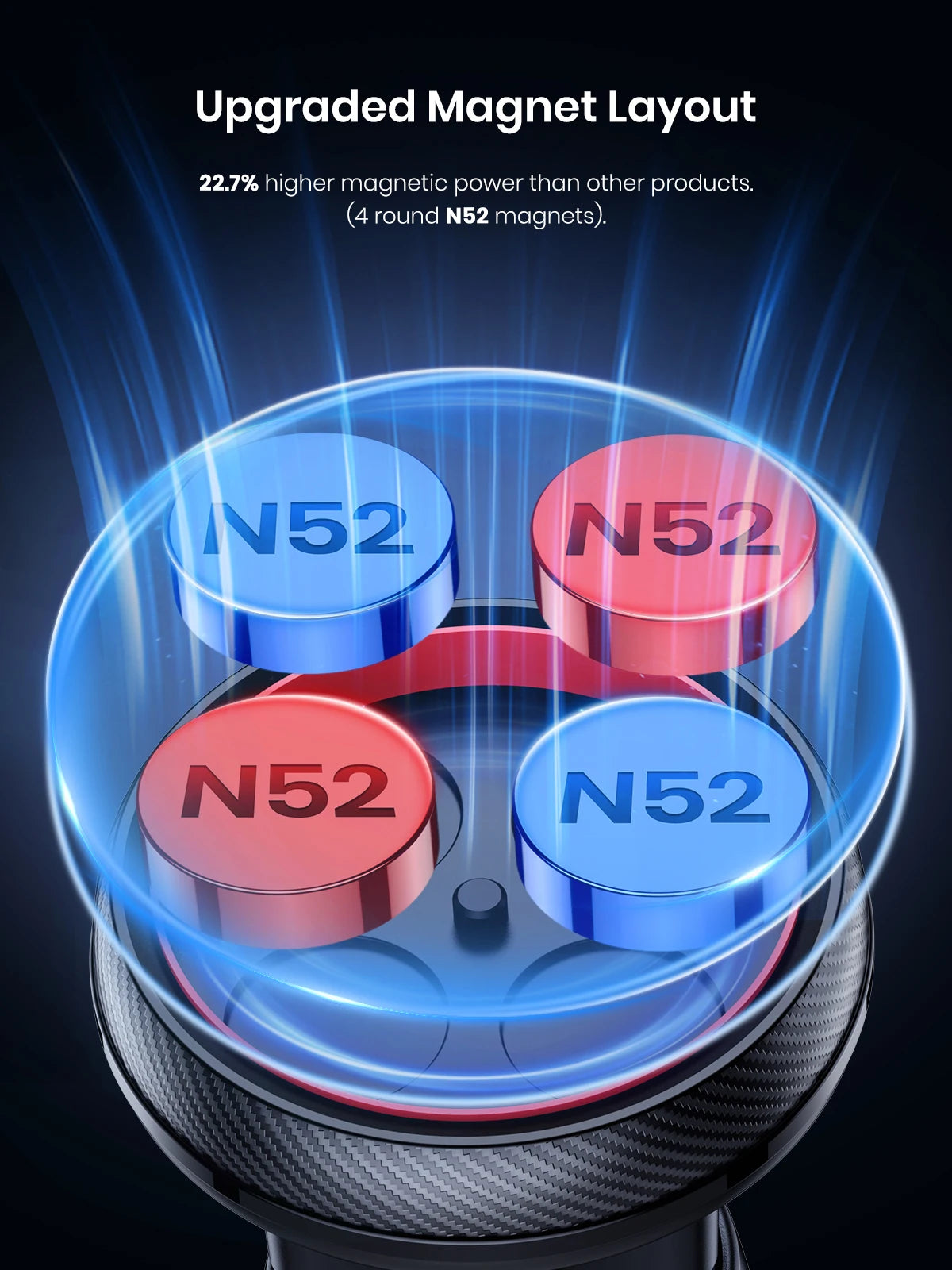 Four round red and blue N52 magnets arranged in a circle on a dark textured base with a glowing blue light effect.