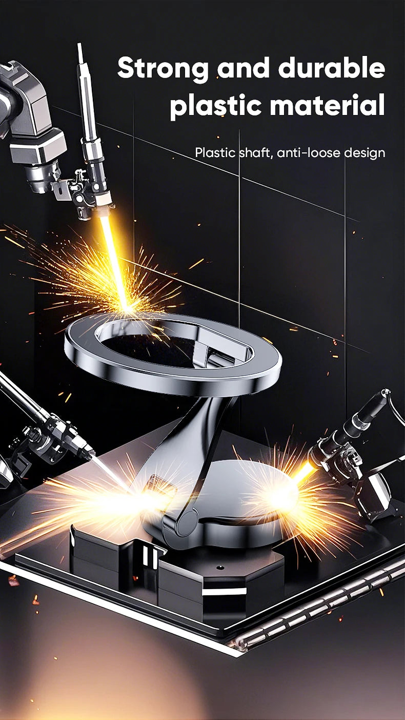 Durable, grey circular plastic phone mount with an anti-loose folding design, shown in a technical manufacturing setting.