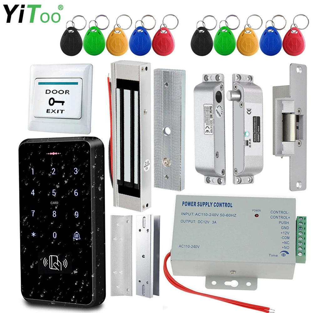 Electronic door access control system with black keypad, metal magnetic locks, power supply, and colorful key fobs.