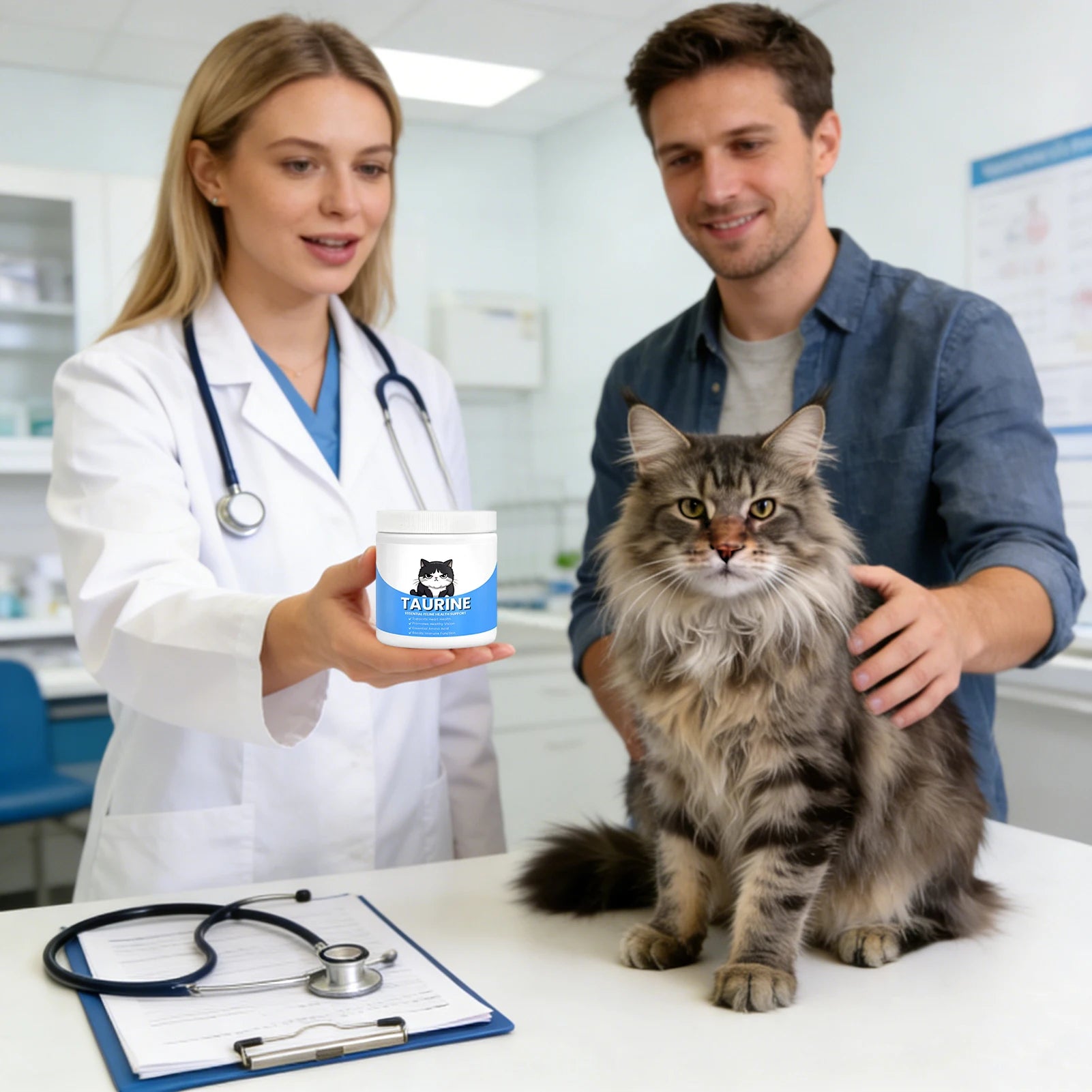 Vet holding a white taurine supplement jar with a cat illustration, next to a fluffy cat and its owner in a clinic.