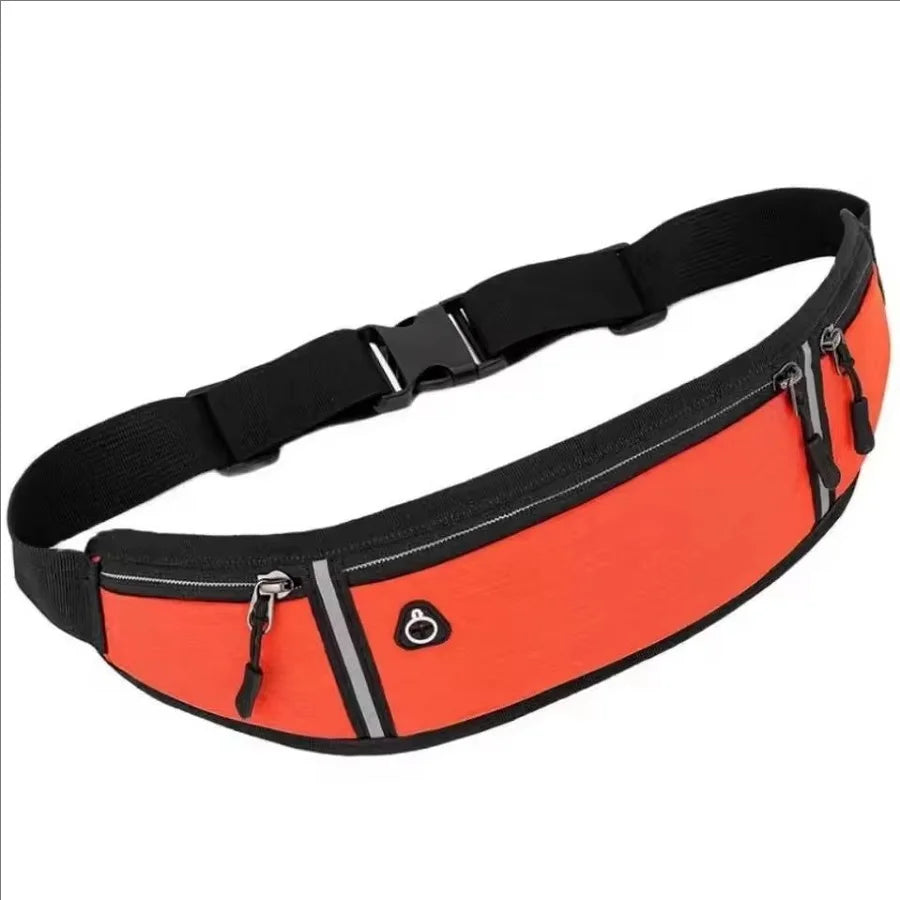 Bright orange running waist belt with black adjustable strap, zip pockets, reflective strips, and earphone port.