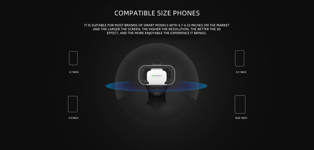 White 3D virtual reality headset compatible with smartphones ranging from 4.7 to 6.53 inches.