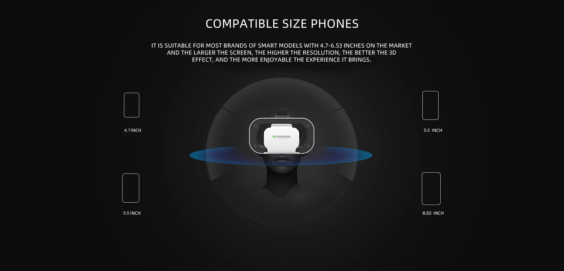 White 3D virtual reality headset compatible with smartphones ranging from 4.7 to 6.53 inches.