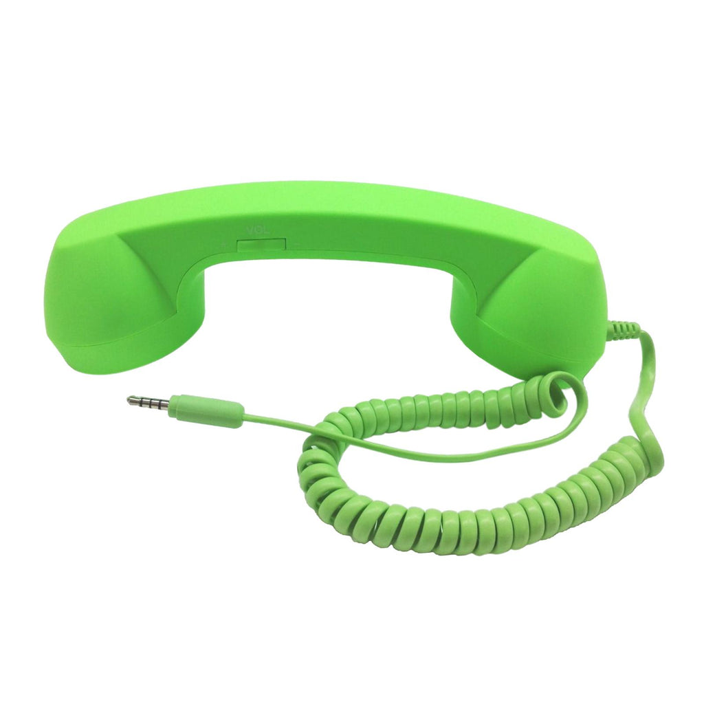 Bright lime green retro-style telephone handset with a coiled cable and 3.5mm jack plug.