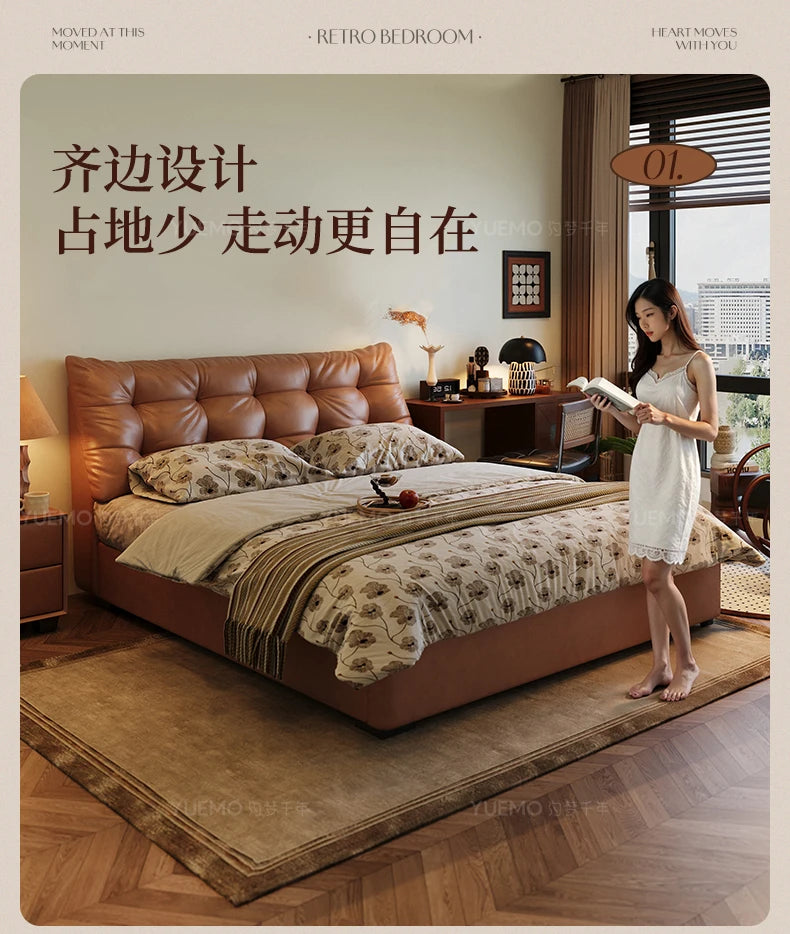 Modern Nordic double bed with a tufted, tan leather headboard in a contemporary bedroom setting.