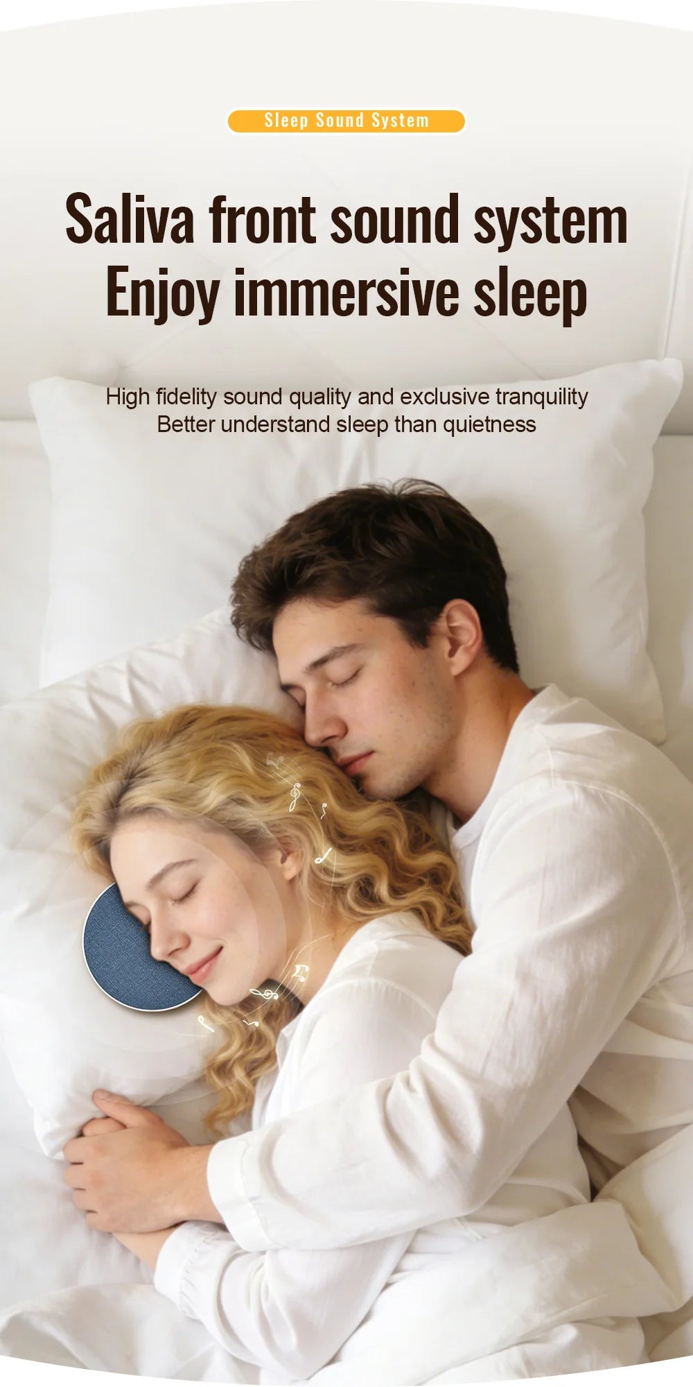 A couple sleeping peacefully with a round, blue fabric wireless pillow speaker tucked under the woman's ear.