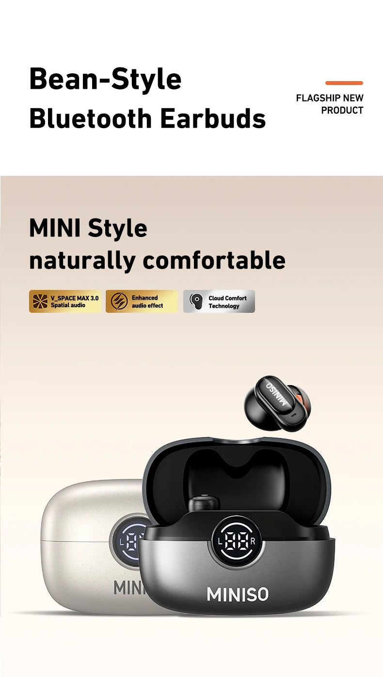 Small, black, bean-style wireless earbuds with a grey charging case featuring a digital battery display.