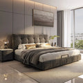 Modern luxury charcoal grey upholstered bed frame with a button-tufted headboard and matching side base in a bedroom.