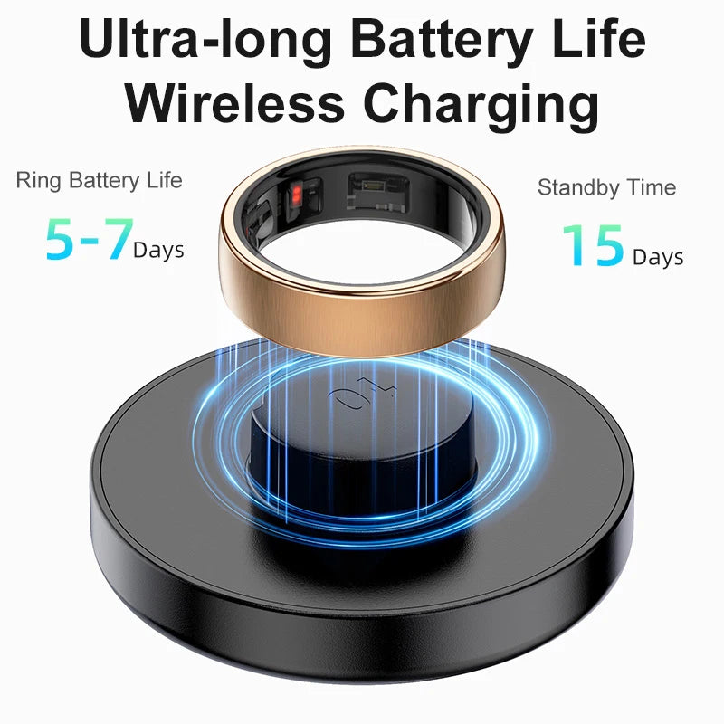 Sleek gold health-tracking ring with inner sensors, shown hovering above a black wireless charging base.