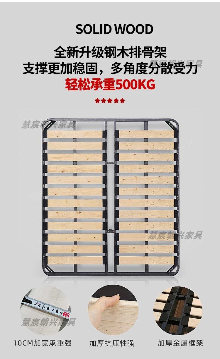 A modern, durable bed frame base featuring a sturdy metal frame with supportive solid wooden slats.