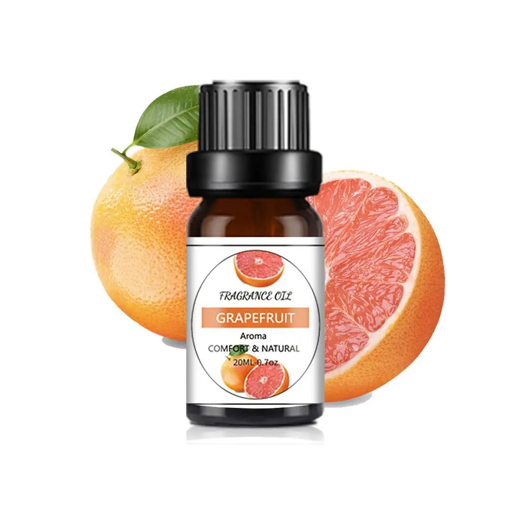 20ml amber glass bottle of grapefruit fragrance oil, featuring a label with fresh grapefruit illustrations.