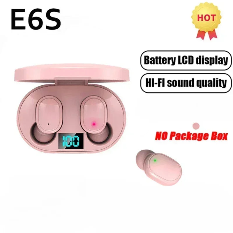 Pink wireless earbuds in a matching charging case with a digital battery percentage display on a white background.